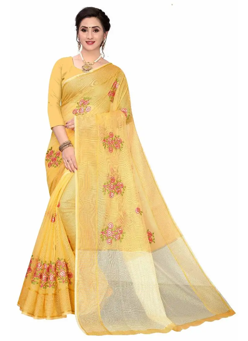 Yellow embroidered super net saree with blouse