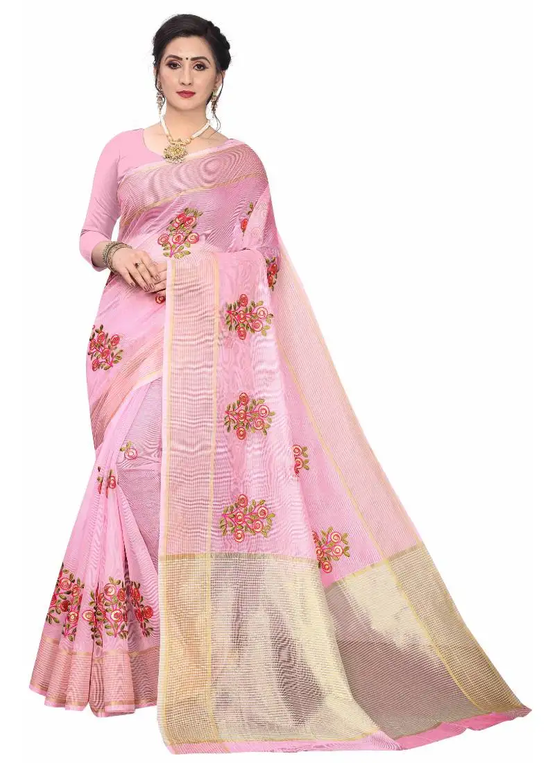 Pink embroidered super net saree with blouse