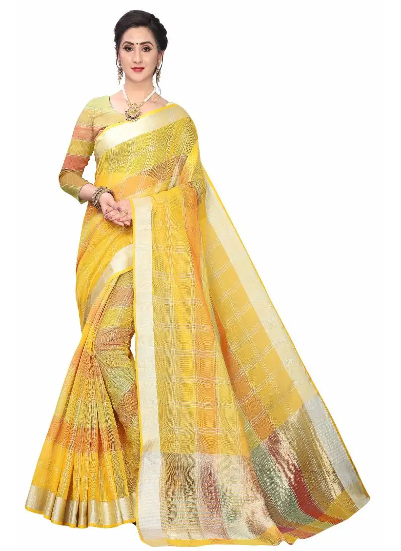 Yellow woven cotton saree with blouse