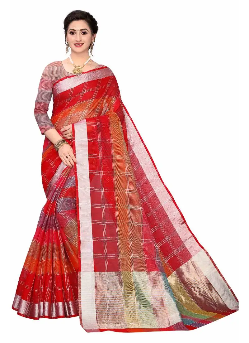 Red woven cotton saree with blouse