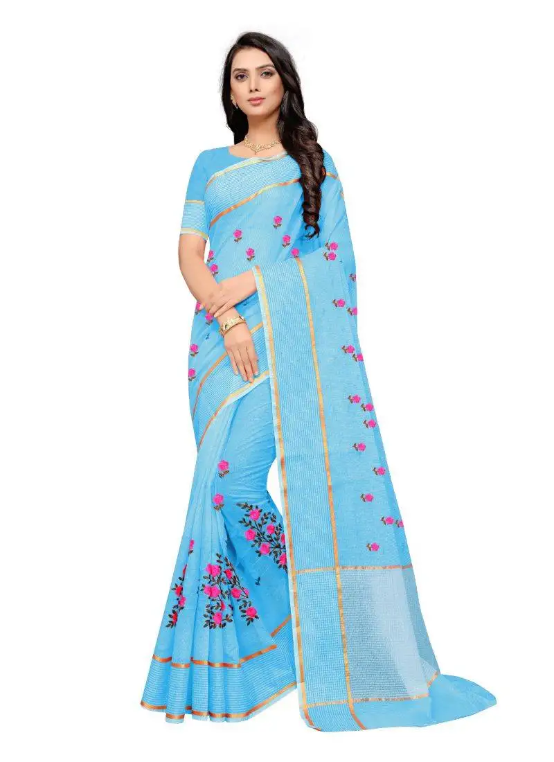 Light blue embroidered super net saree with blouse