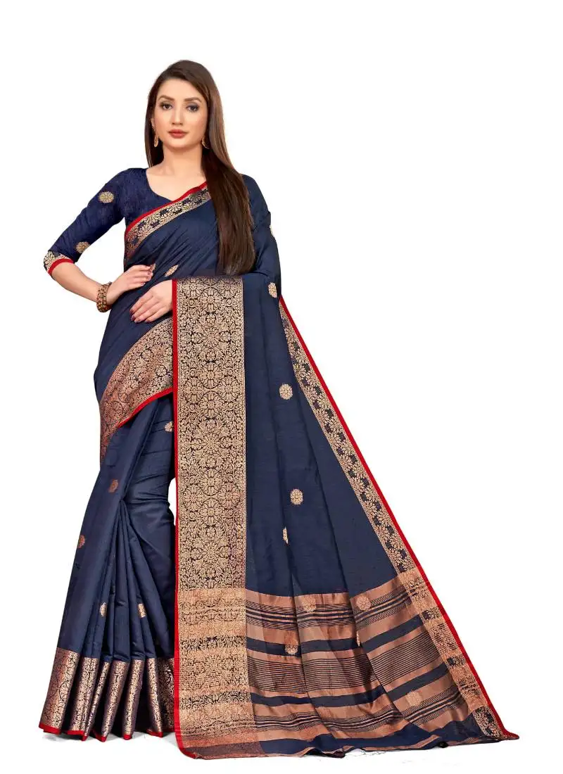 Dark blue woven cotton saree with blouse