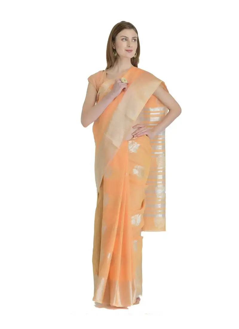 Orange woven tissue saree with blouse