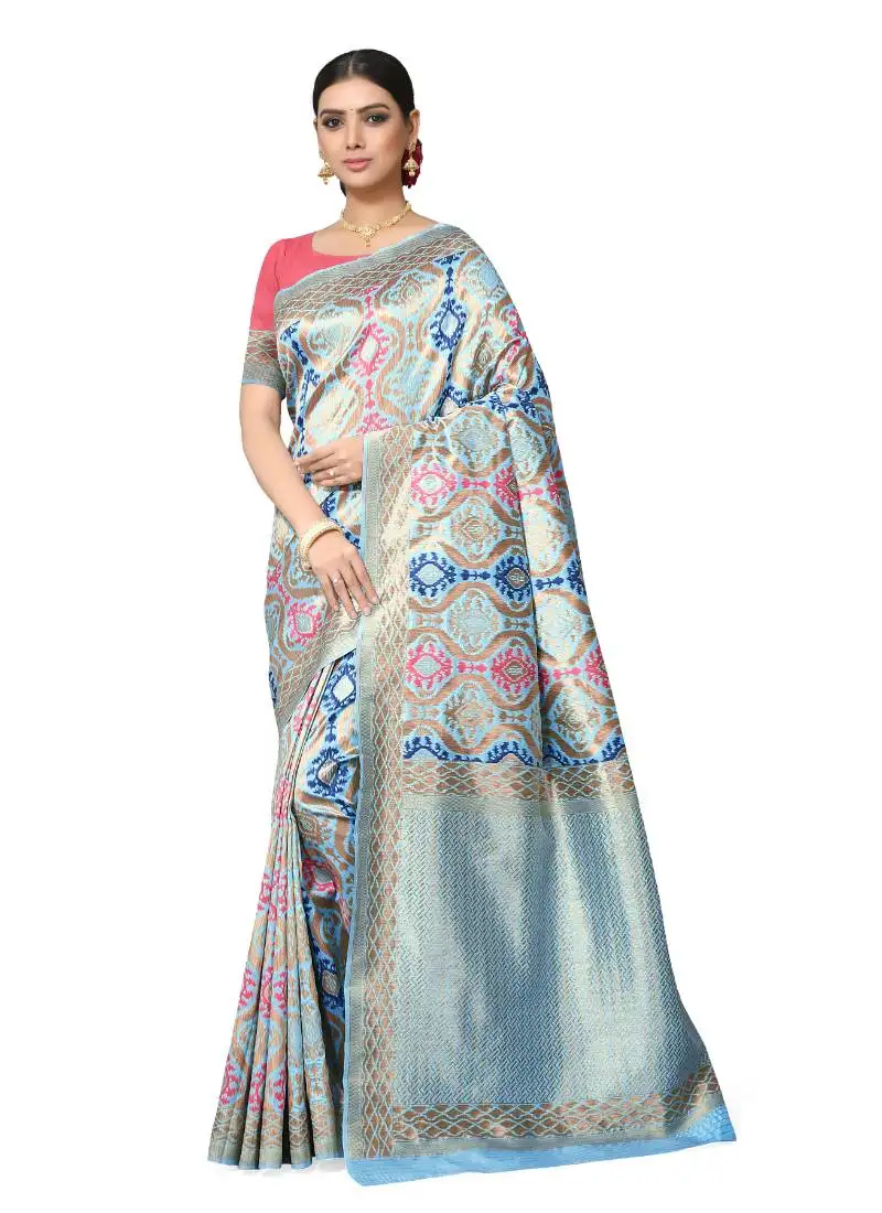 Light blue woven silk blend saree with blouse