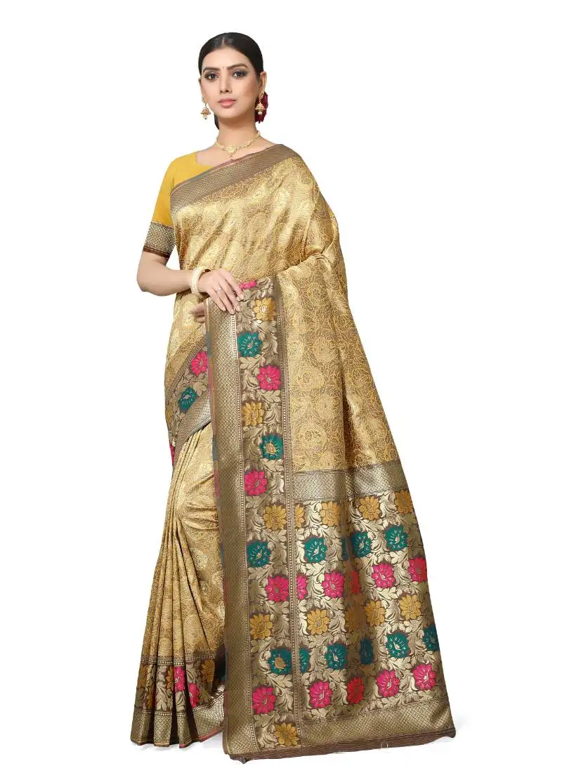 Mustard woven silk blend saree with blouse