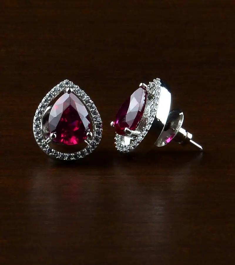 Rhodium plated hydro ruby stone embellished american diamond earrings 216ed519