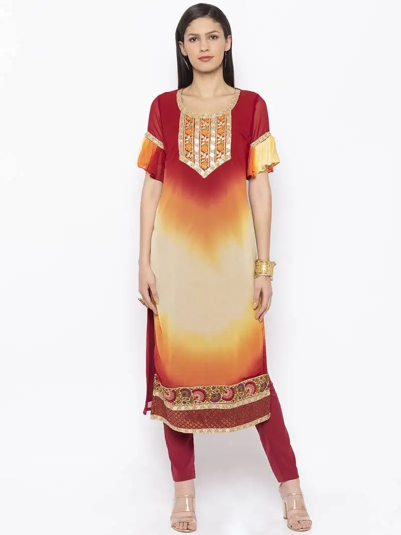 Maroon embroidered georgette party wear kurti