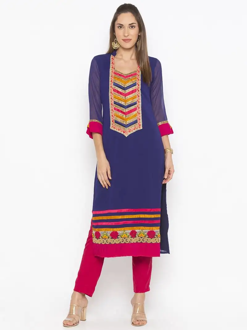 Dark blue embroidered georgette party wear kurti