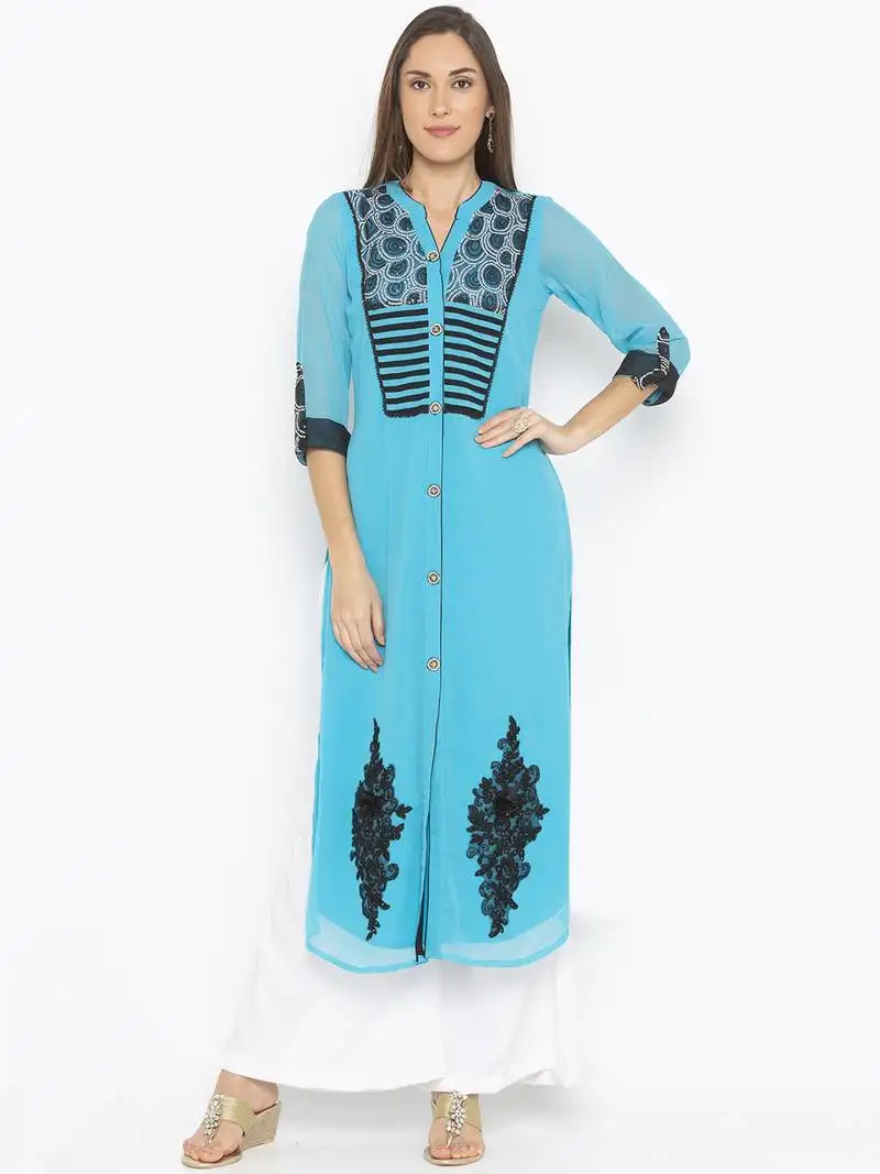 Blue embroidered georgette party wear kurti