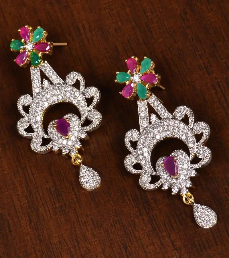 Gold plated ruby and emerald stone embellished american diamond earrings 216ed161