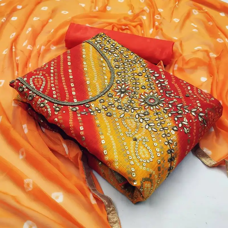 Orange bandhej jacquard salwar unstitched