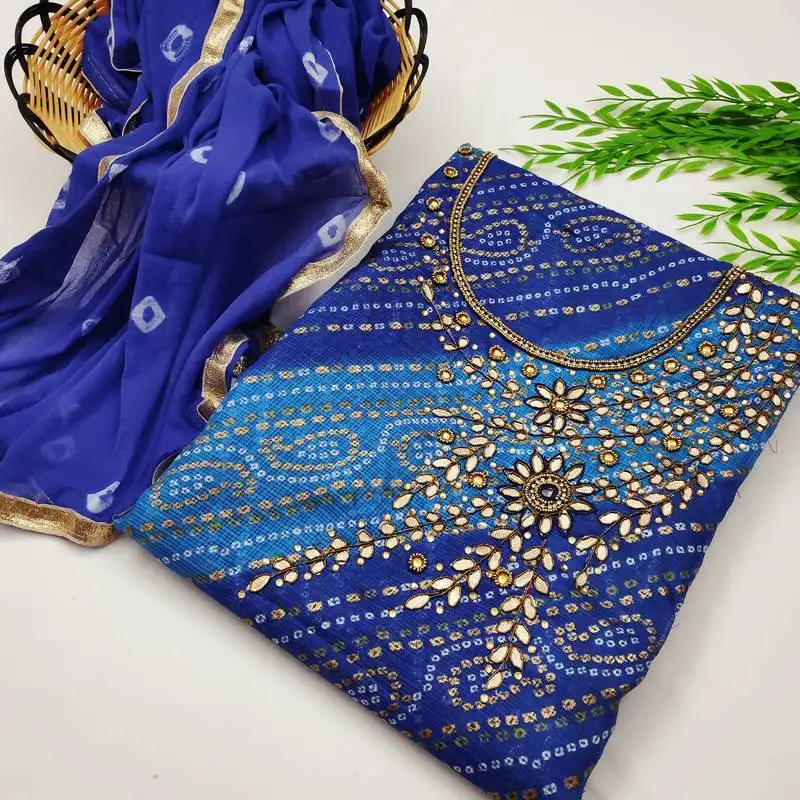 Blue bandhej jacquard salwar unstitched