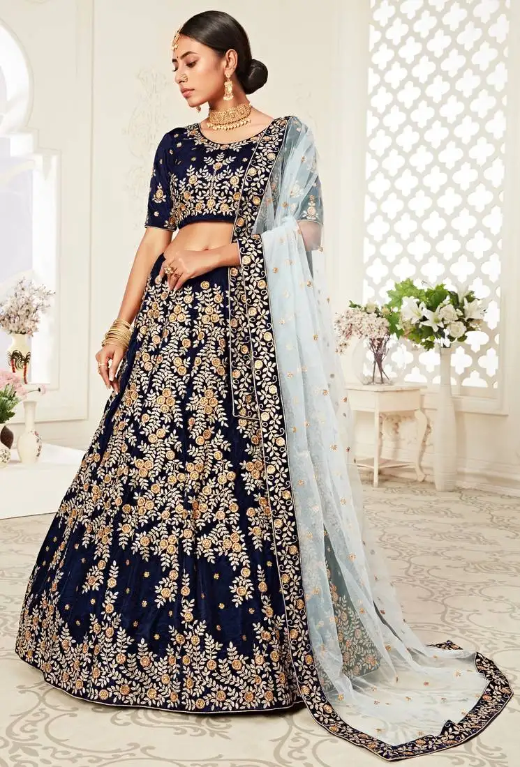 navy-blue zari sequins and thread embroidered velvet lehenga choli for bride