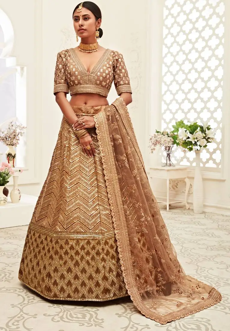 Brown golden sequins embroidered silk lehenga choli for wedding