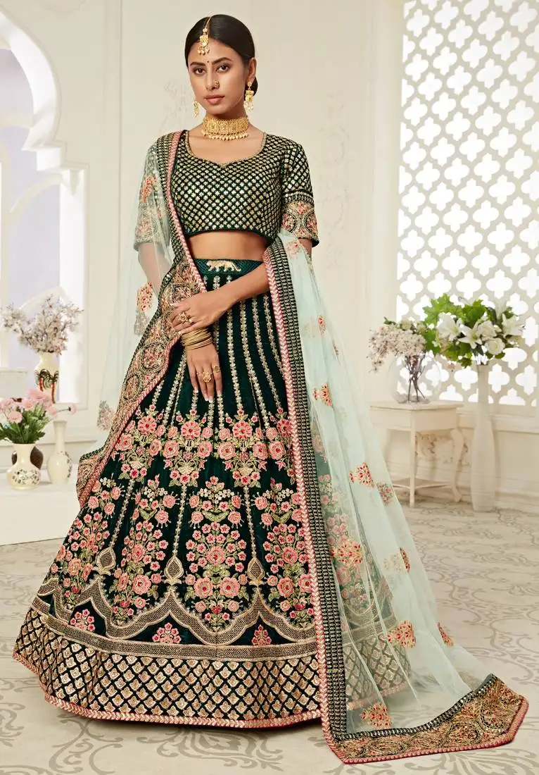 Green velvet embroidered lehenga with thread embroidered blouse & light green net dupatta