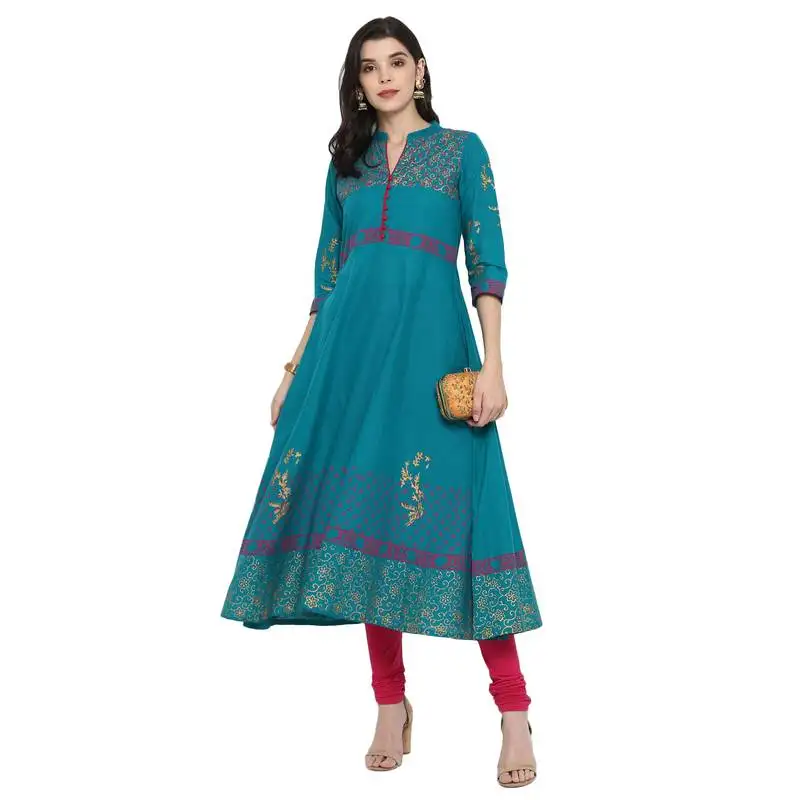 G collection teal-blue printed cotton cotton-kurtis