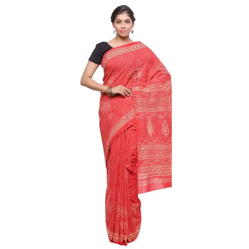 Orange printed cotton saree with blouse