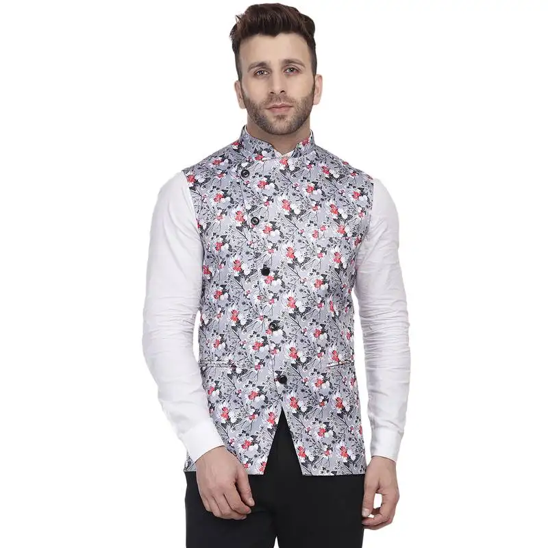 Grey printed satin nehru jacket