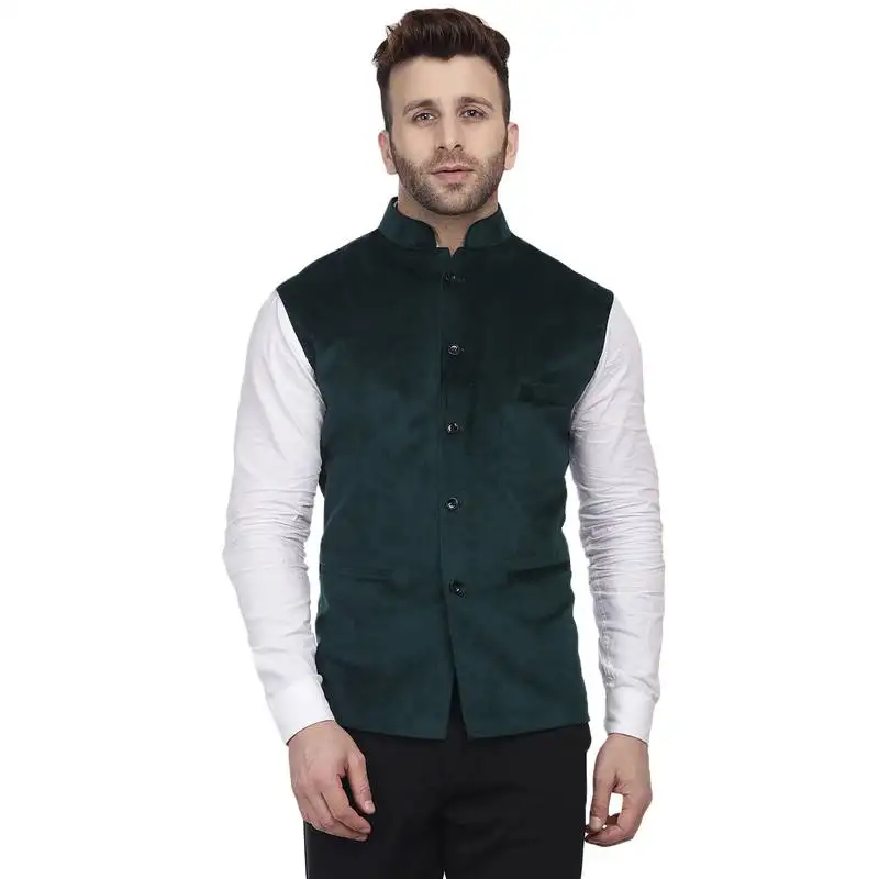 Green plain velvet nehru jacket