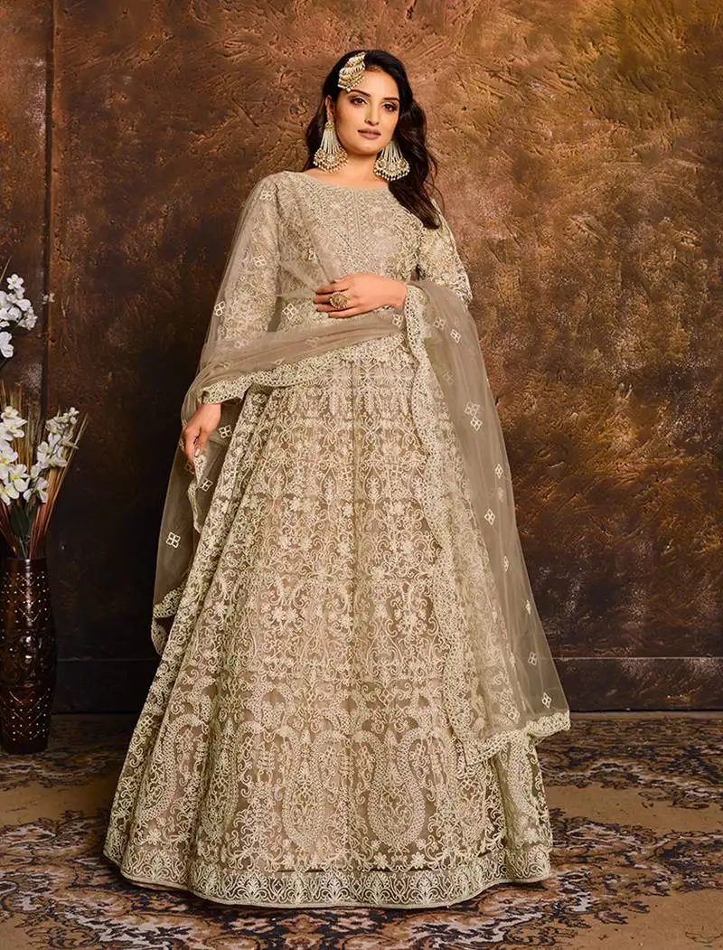 Beige embroidered net salwar semi stitched