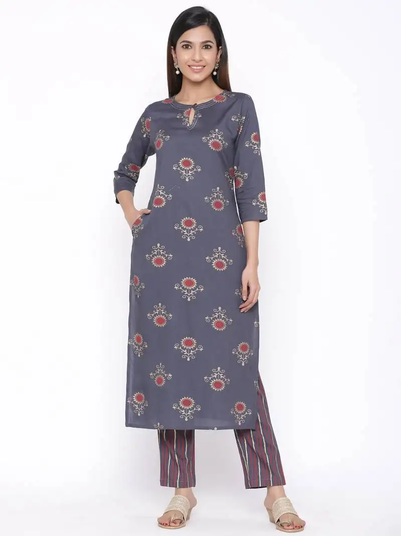Grey woven viscose rayon kurti-trouser