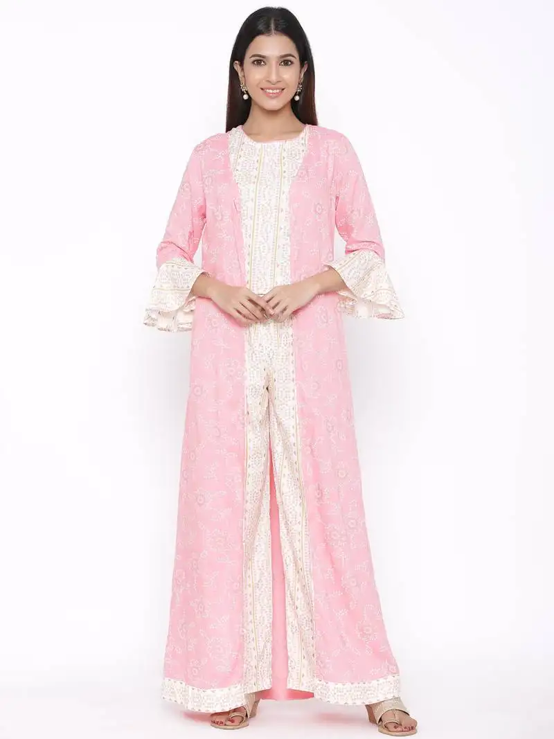 Pink woven viscose rayon kurti-trouser
