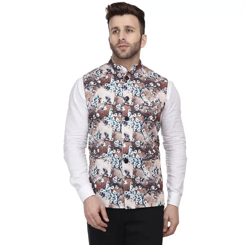 Beige printed pure cotton knitted stretch nehru jacket