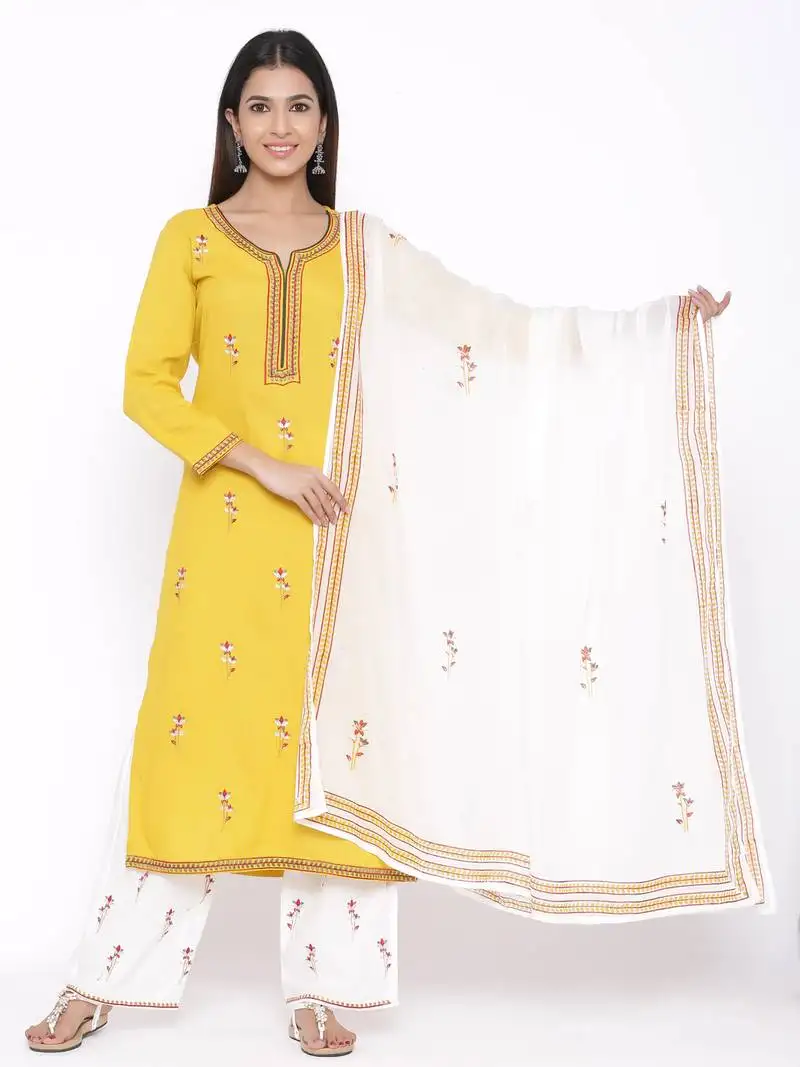 Yellow woven viscose rayon palazzo-kurta