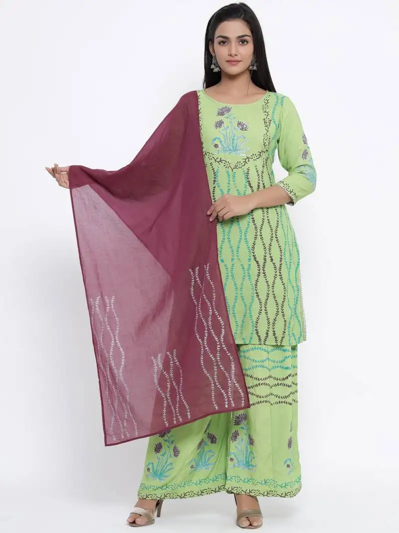Green woven viscose rayon kurti-trouser