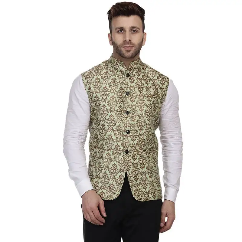 Green printed jacquard nehru jacket