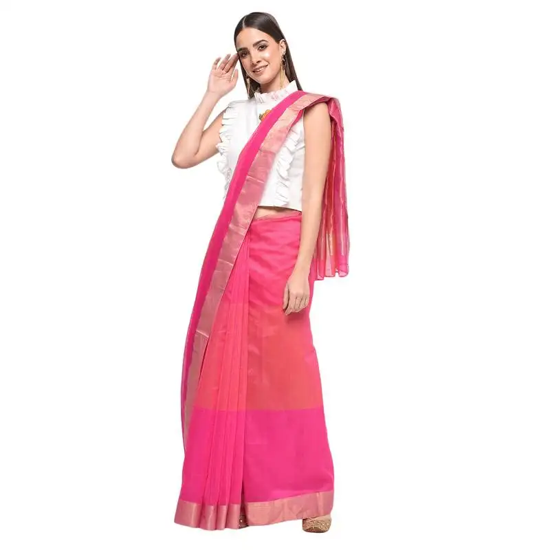 Pink hand woven chanderi saree with blouse