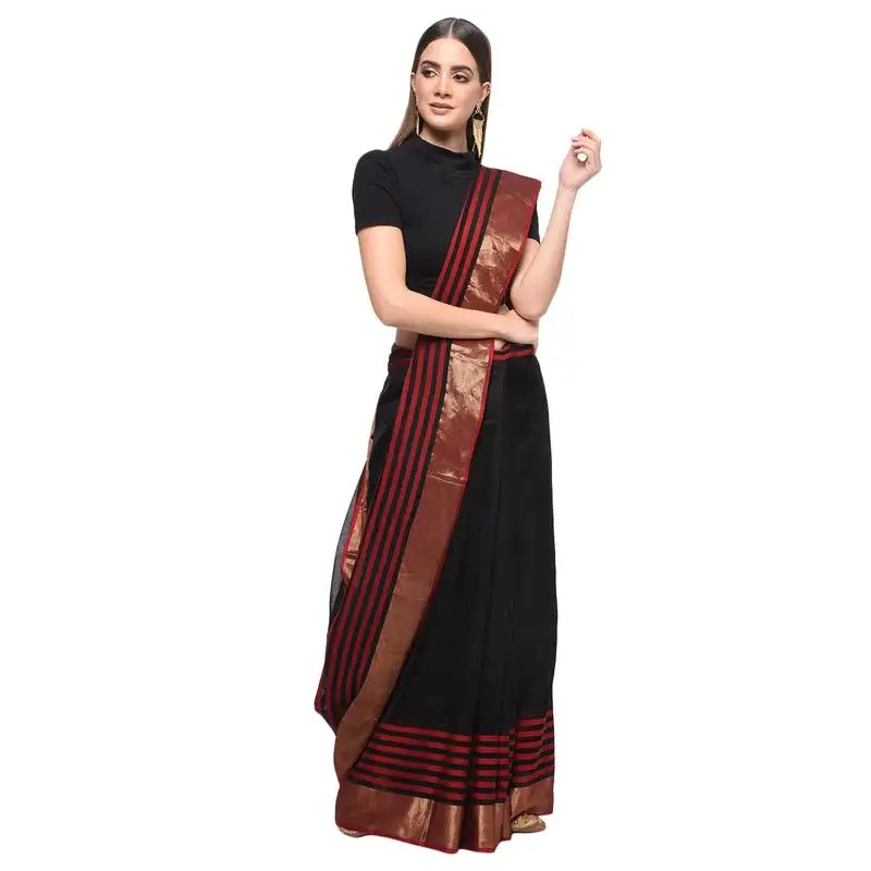 Black hand woven chanderi saree with blouse