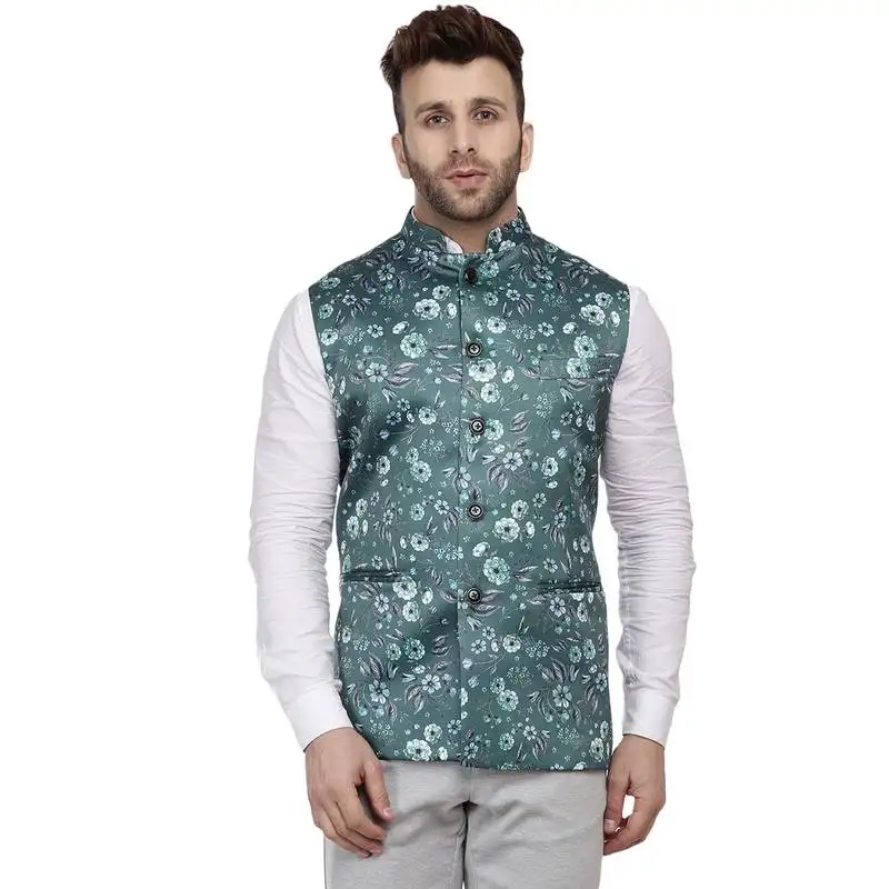 Green printed satin nehru jacket