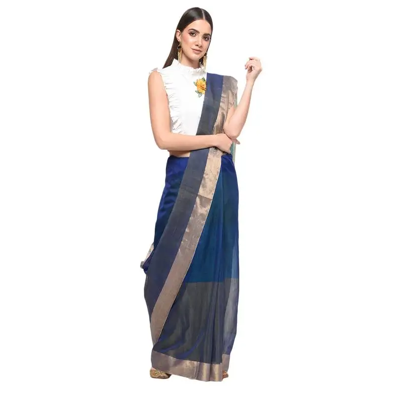Navy blue hand woven chanderi saree with blouse