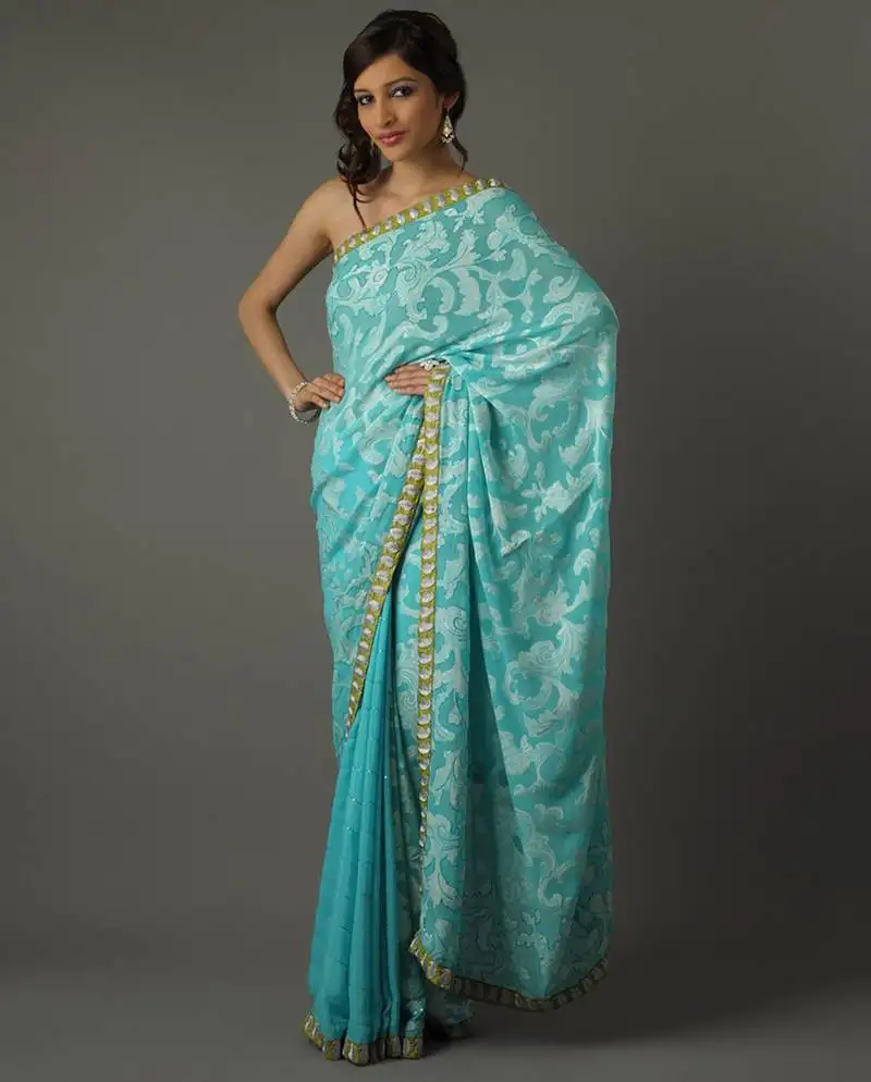 Blue embroidered crepe saree with blouse