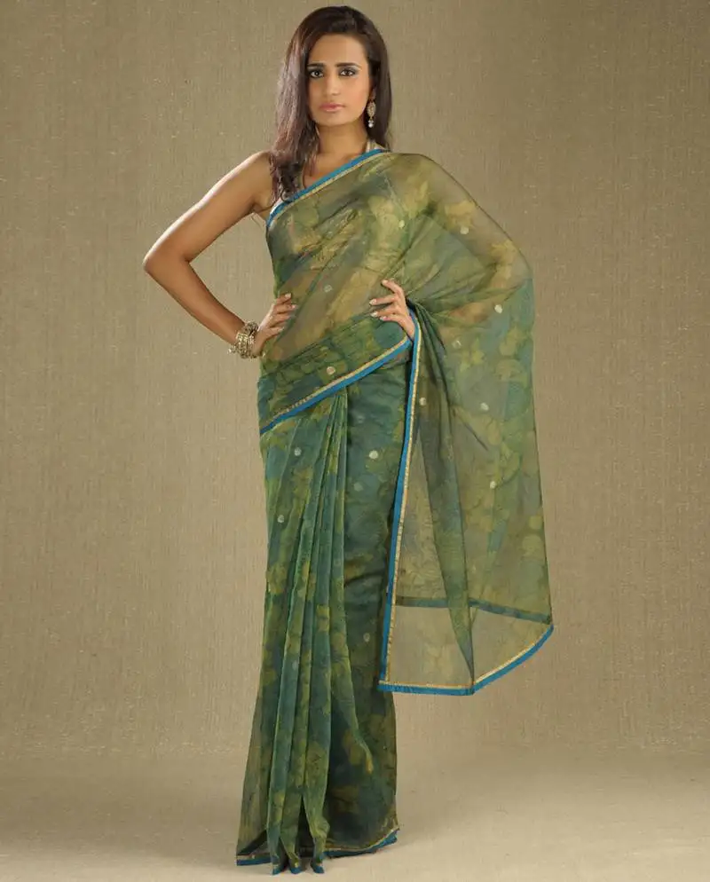 Green printed net saree with blouse