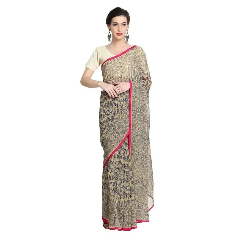 Beige printed viscose saree with blouse