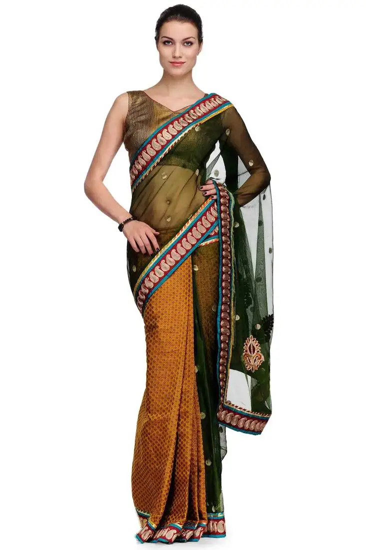 Green embroidered brocade saree with blouse