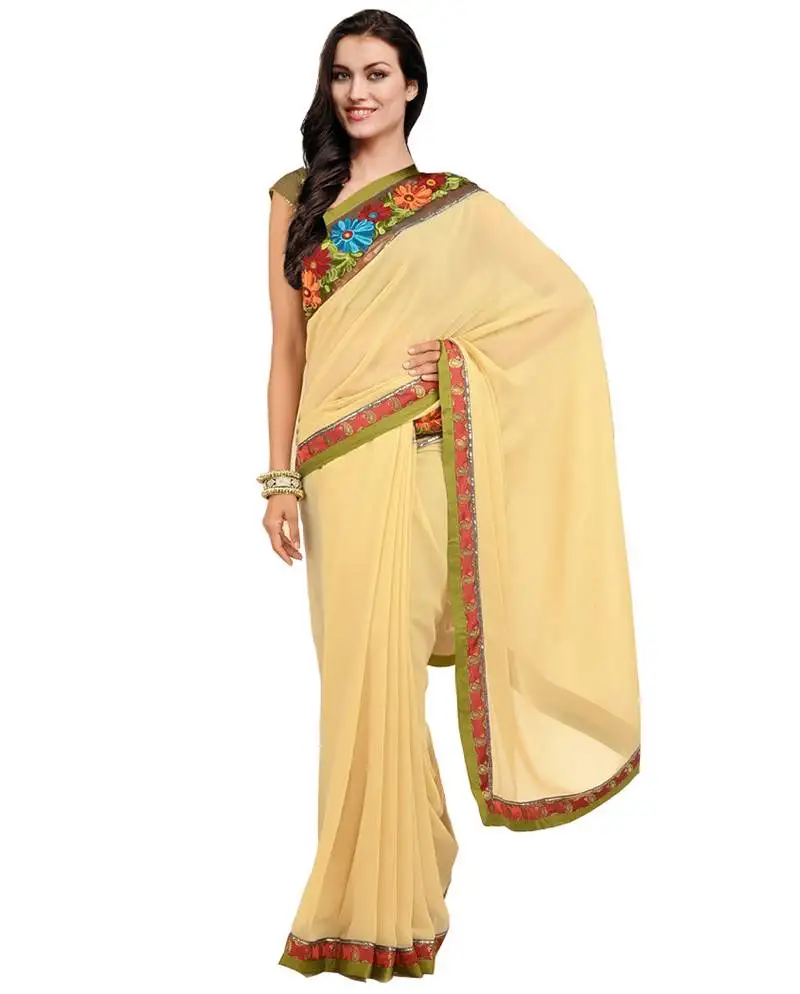Beige embroidered viscose saree with blouse