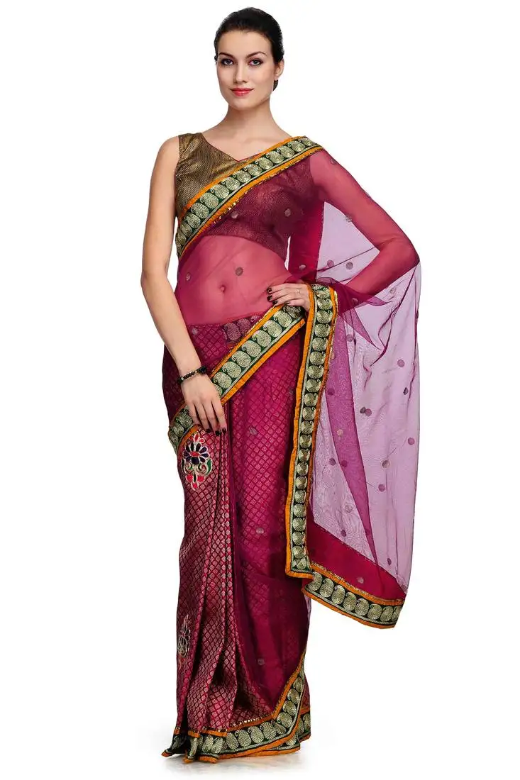 Pink embroidered brocade saree with blouse