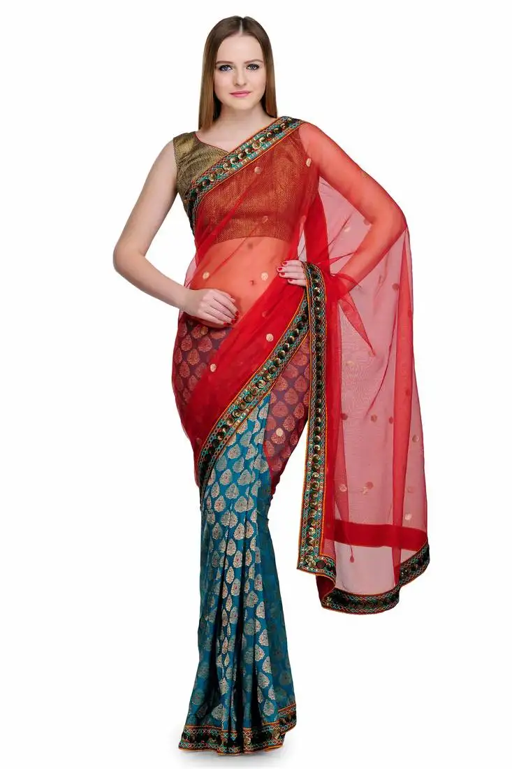 Red embroidered brocade saree with blouse