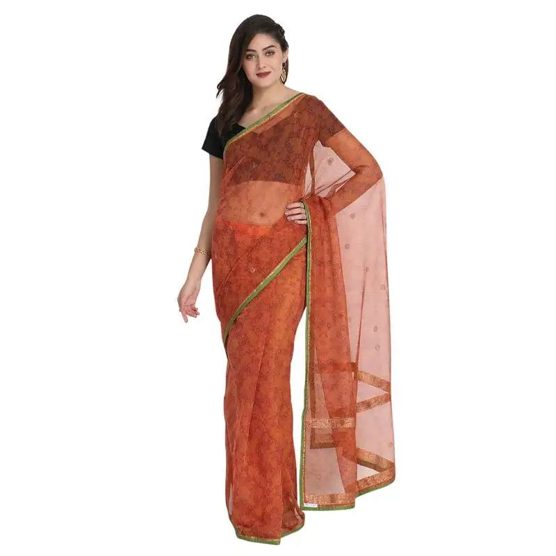 Orange printed net saree with blouse