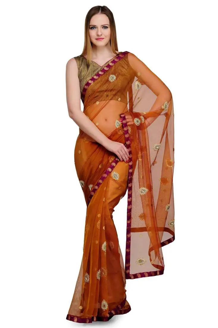 Mustard embroidered net saree with blouse