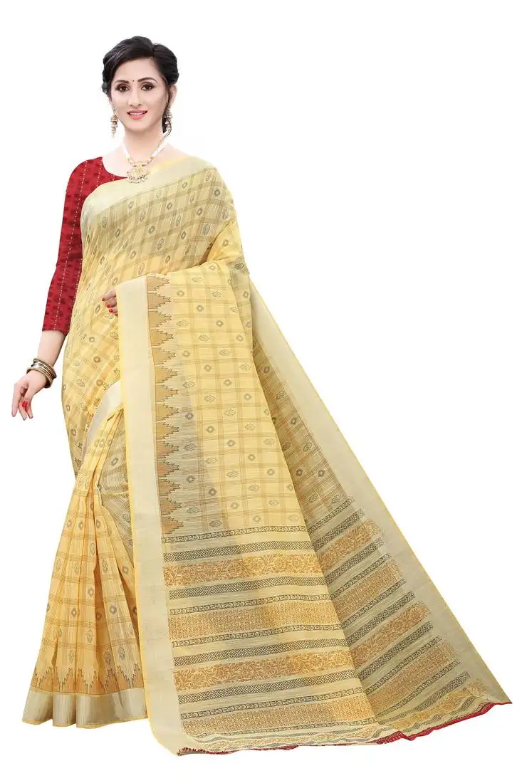 Yellow printed cotton saree with blouse