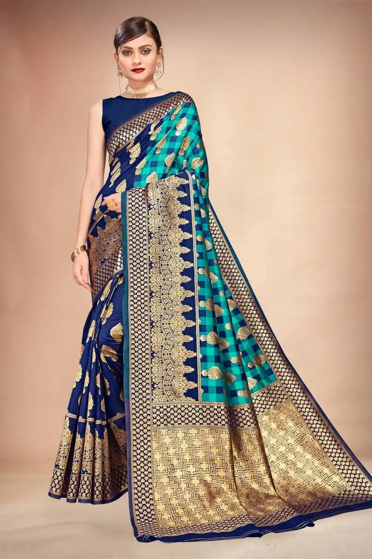 Teal woven art silk saree with blouse