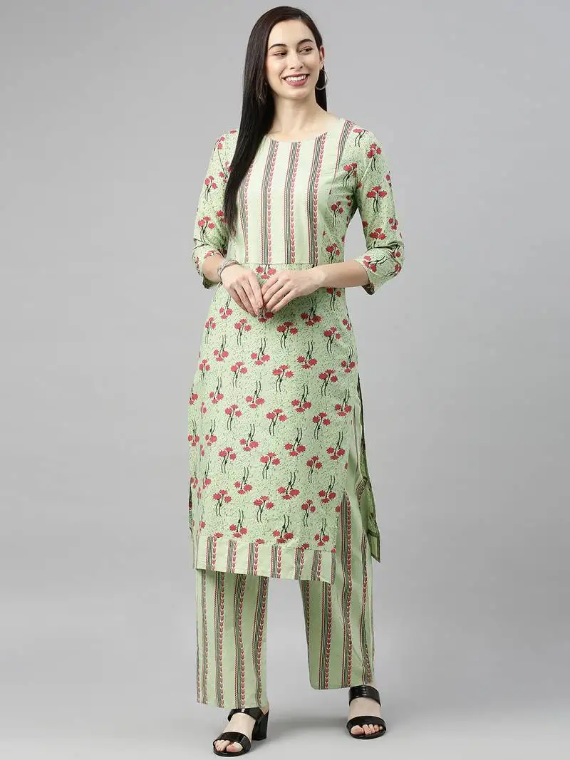 Light-green printed cotton cotton-kurtis