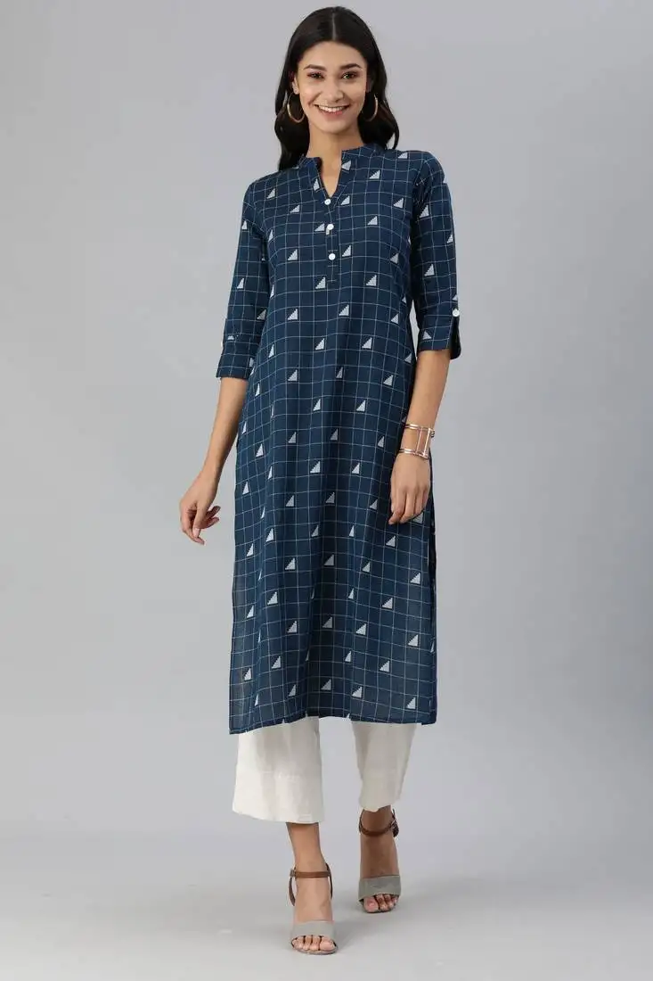Navy blue woven cotton cotton-kurtis