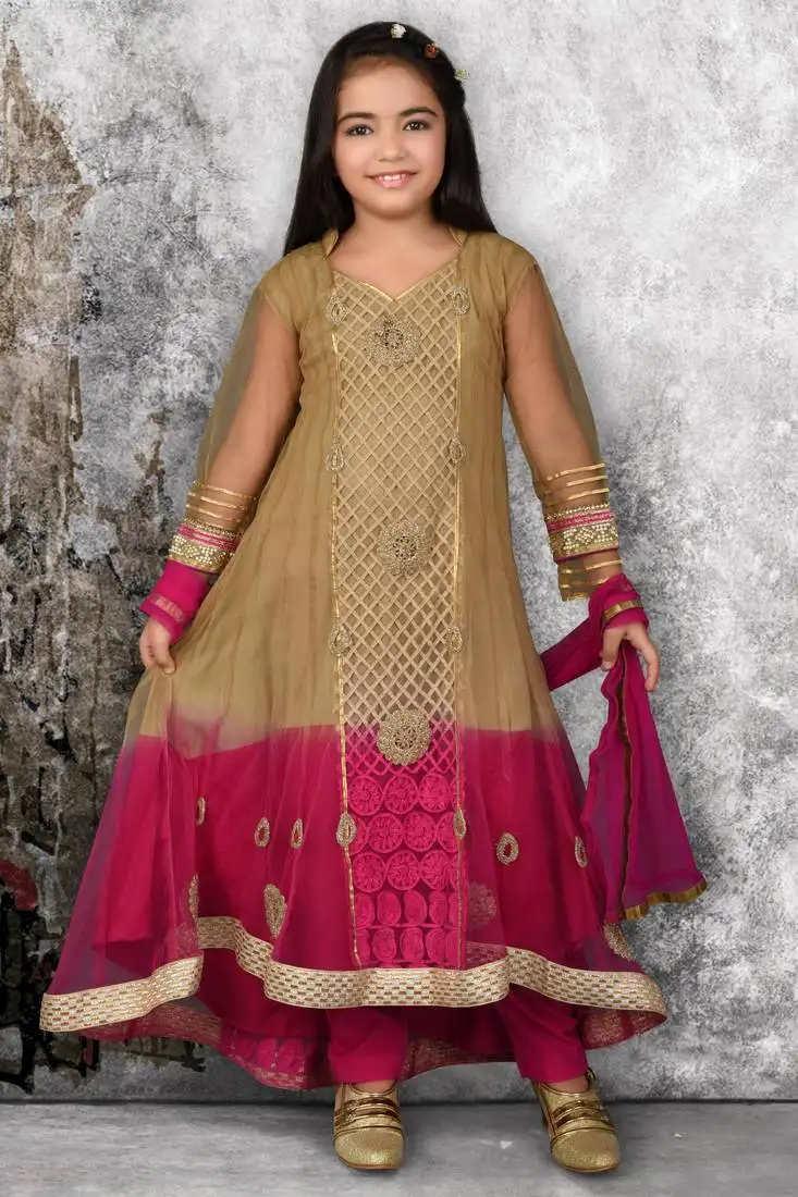 Gold embroidered net girls-top-bottom