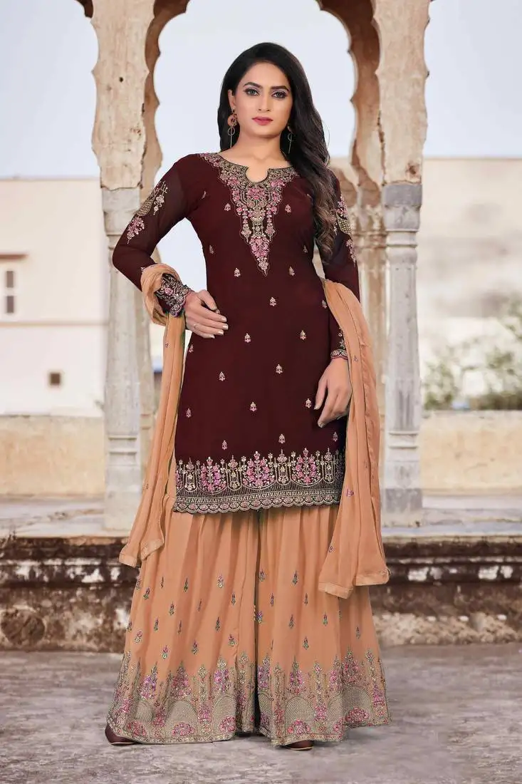 Brown faux georgette embroidery women's semi stitched sharara suit