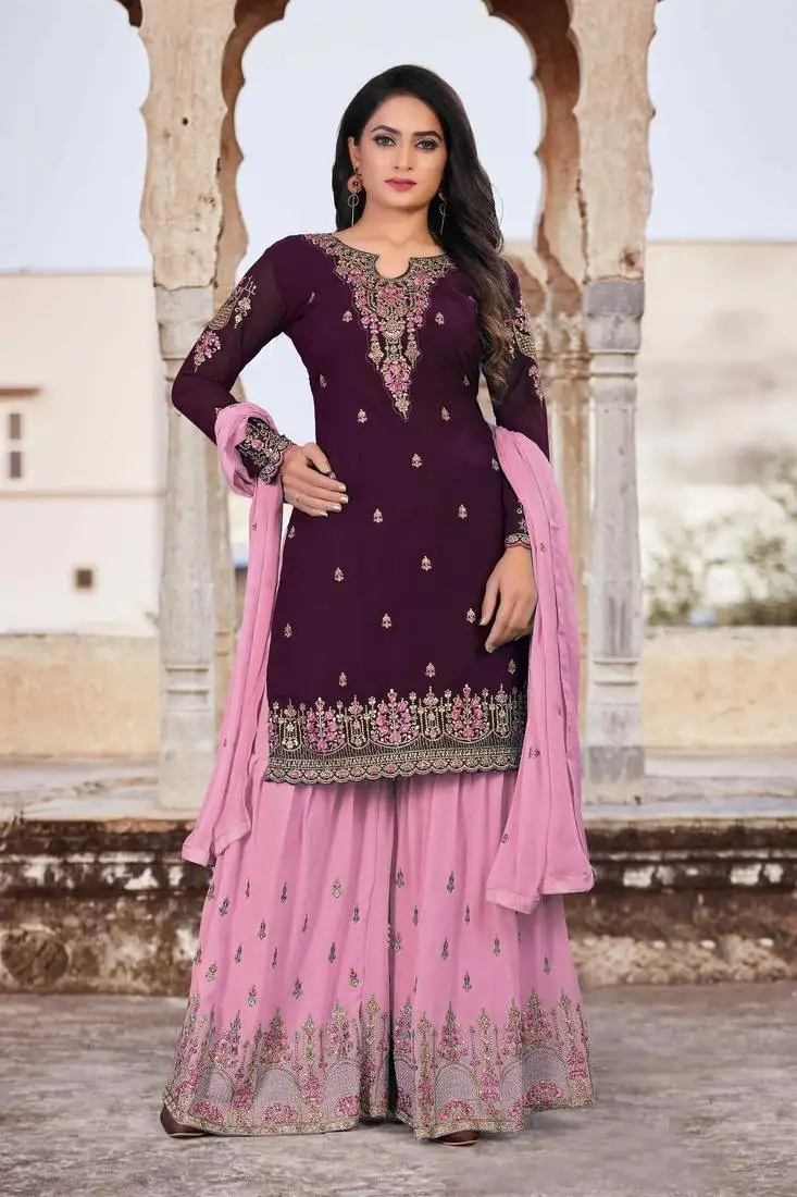 Purple faux georgette embroidery women's semi stitched sharara suit